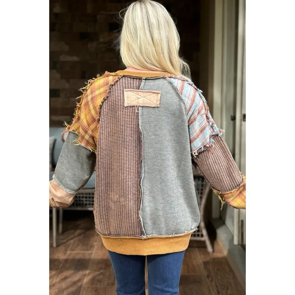 Oli & Hali Washed Mixed Fabric Plaid Pullover in Mustard Combo - Picture 12 of 14